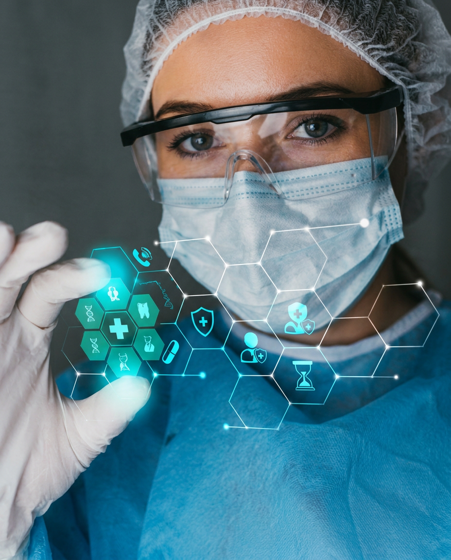 Biomédica em ambiente clínico interagindo com interface de saúde